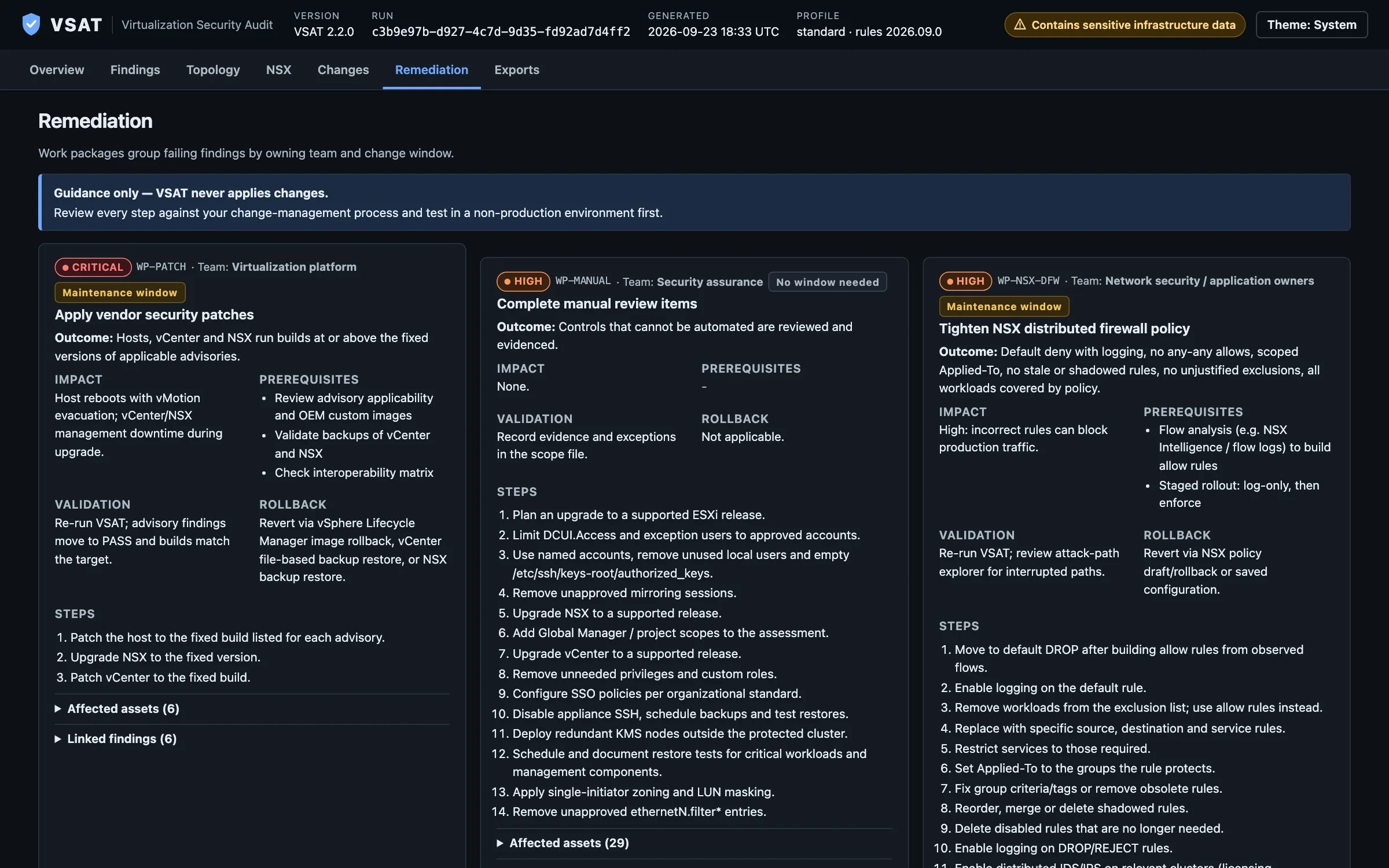Remediation view: work packages such as Apply vendor security patches and Tighten NSX distributed firewall policy, each with owning team, impact, prerequisites, validation, rollback and ordered steps.